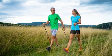 Nordic Walking Eine Frau und ein Mann gehen gemeinsam in der Natur walken.g